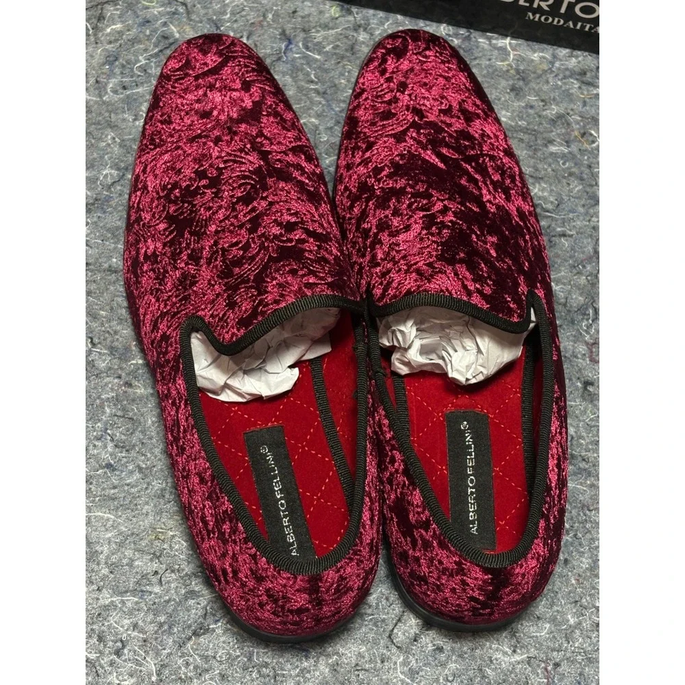 Alberto‎ Fellini Burgundy Velvet Loafers Mens Dress Smoking Shoes Size 10 New